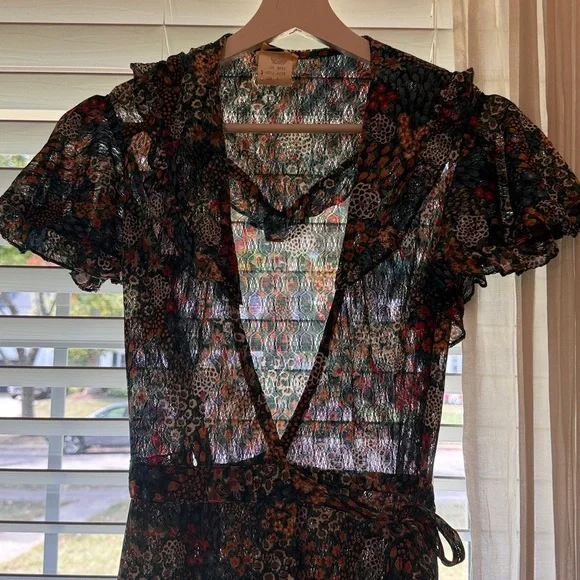 Vintage 70s Jody T of California Mesh Lace Black Floral Midi Wrap Dress size 7 - Picture 13 of 14